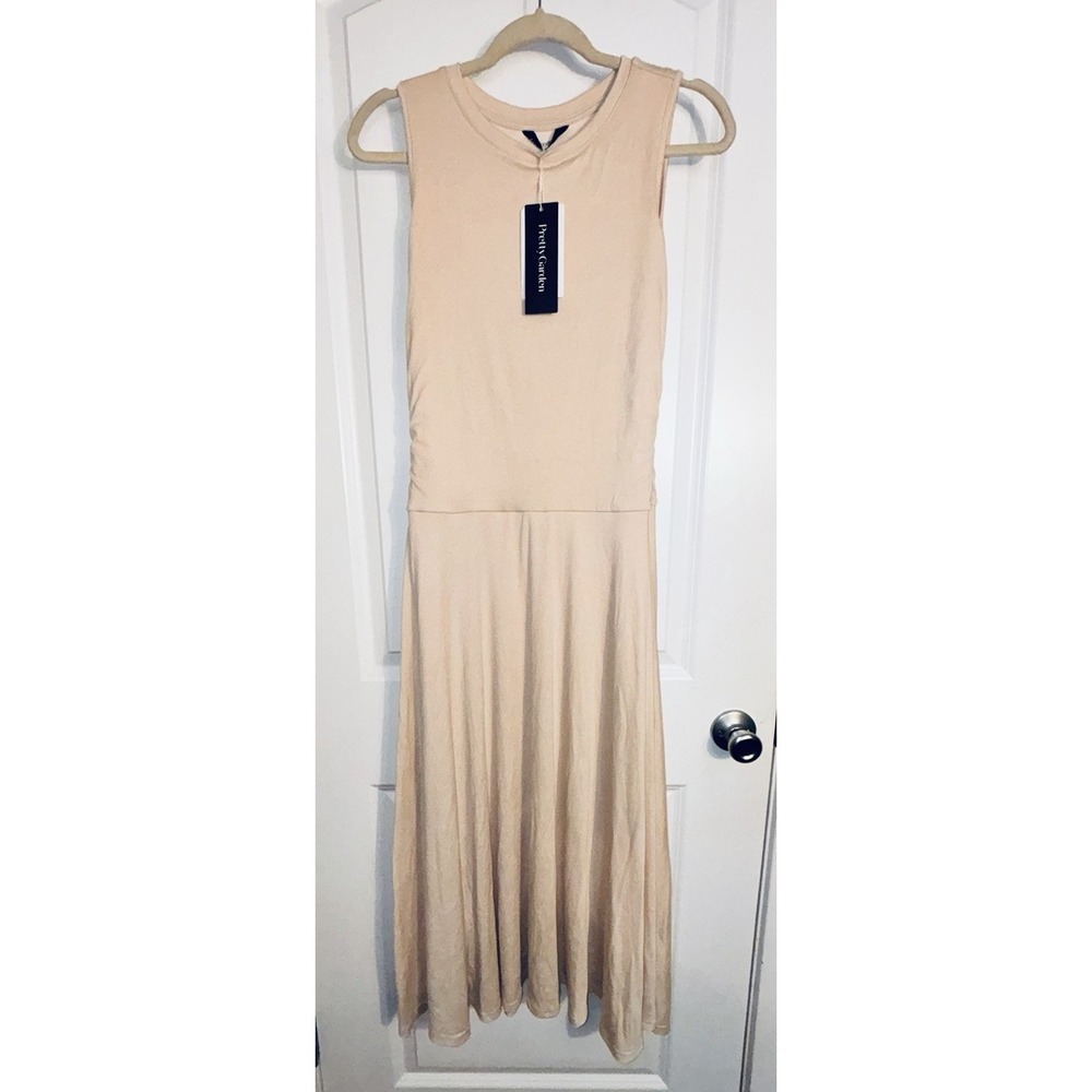 PRETTYGARDEN Dress Womens Medium Beige Peach Sleeveless Ruched Maxi NWT